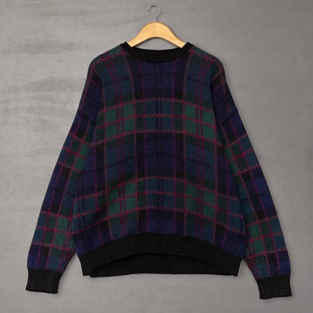 Vintage International Retro Plaid Sweater Navy Green‎ Ramie Grandpa Cotton XL